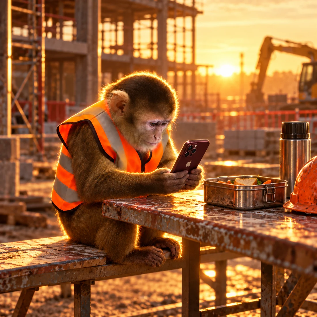 Poop Worker checking his phone beside a lunchbox before his shift
