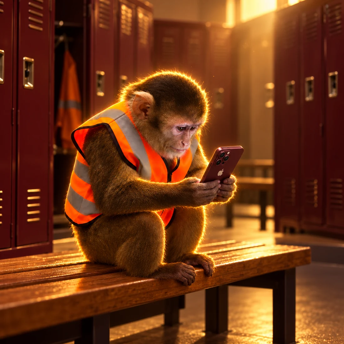 Poop Worker on a bench in an empty locker room