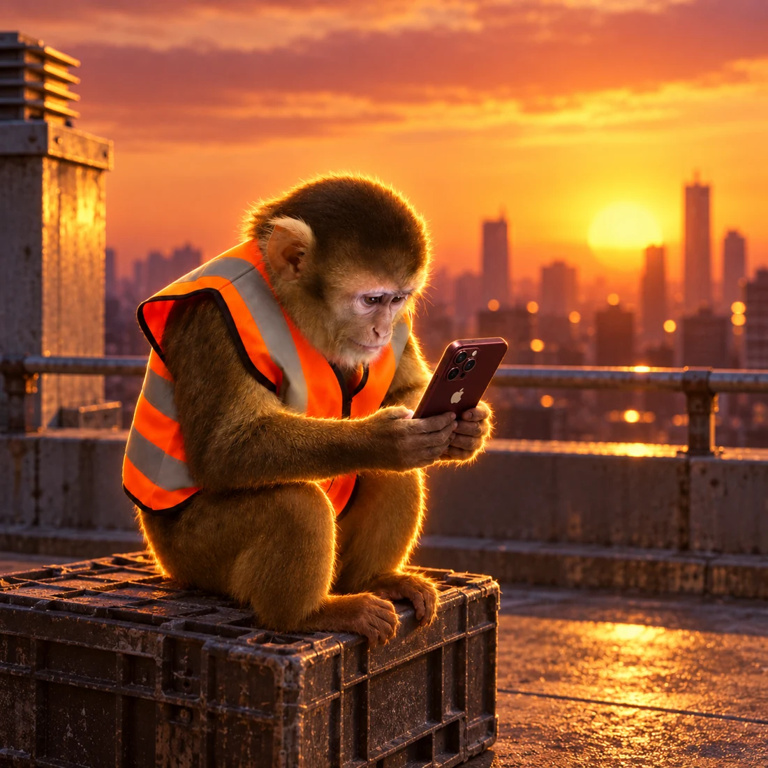 Poop Worker taking a rooftop phone break at sunset