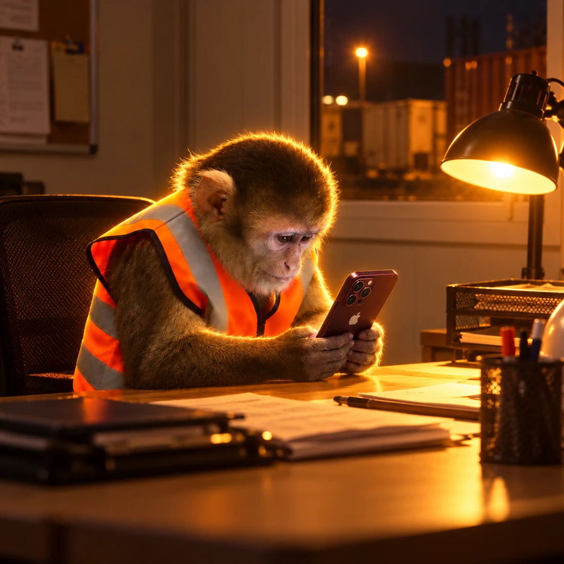 Poop Worker at a desk in an empty site office after dark