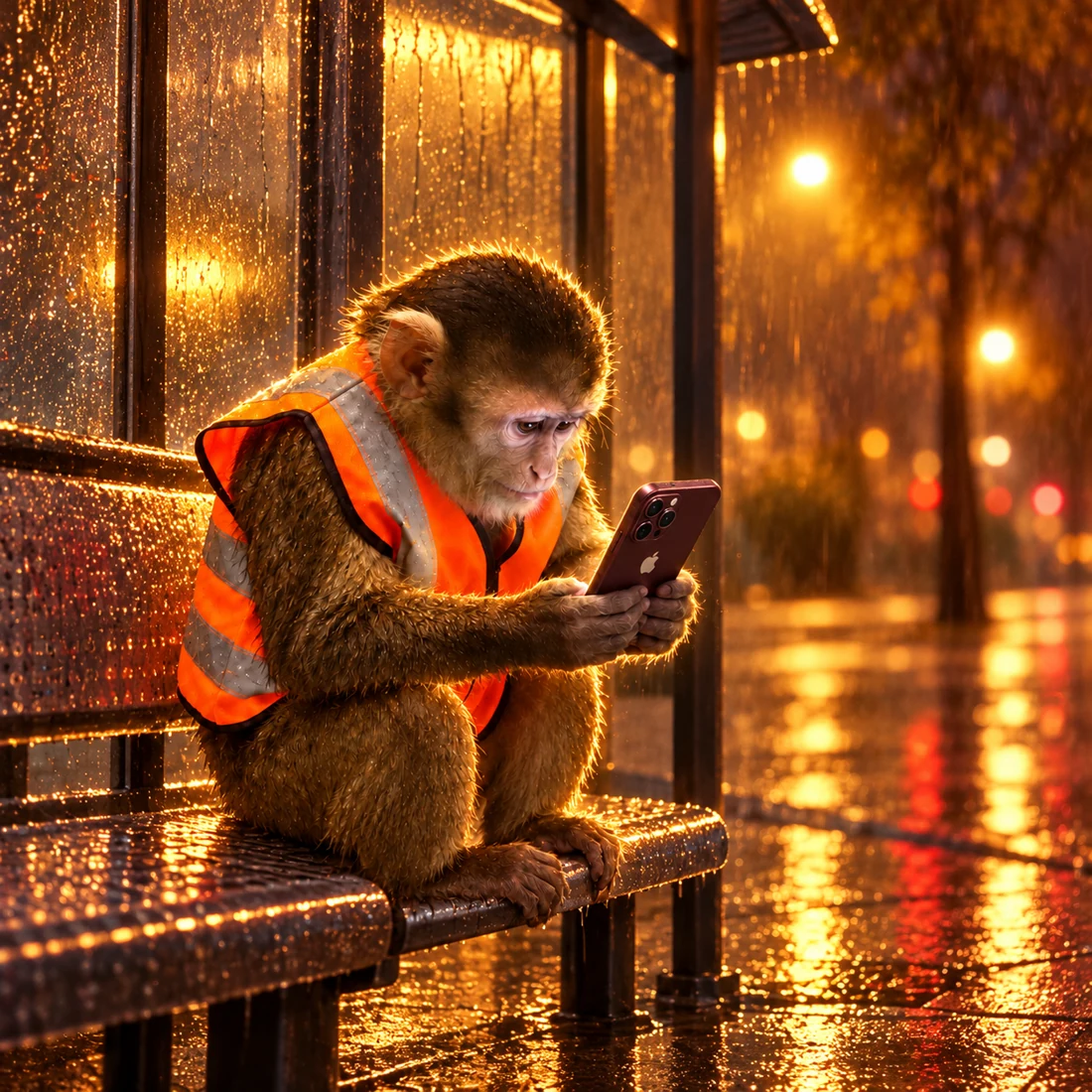 Poop Worker waiting at a rainy bus stop after his shift